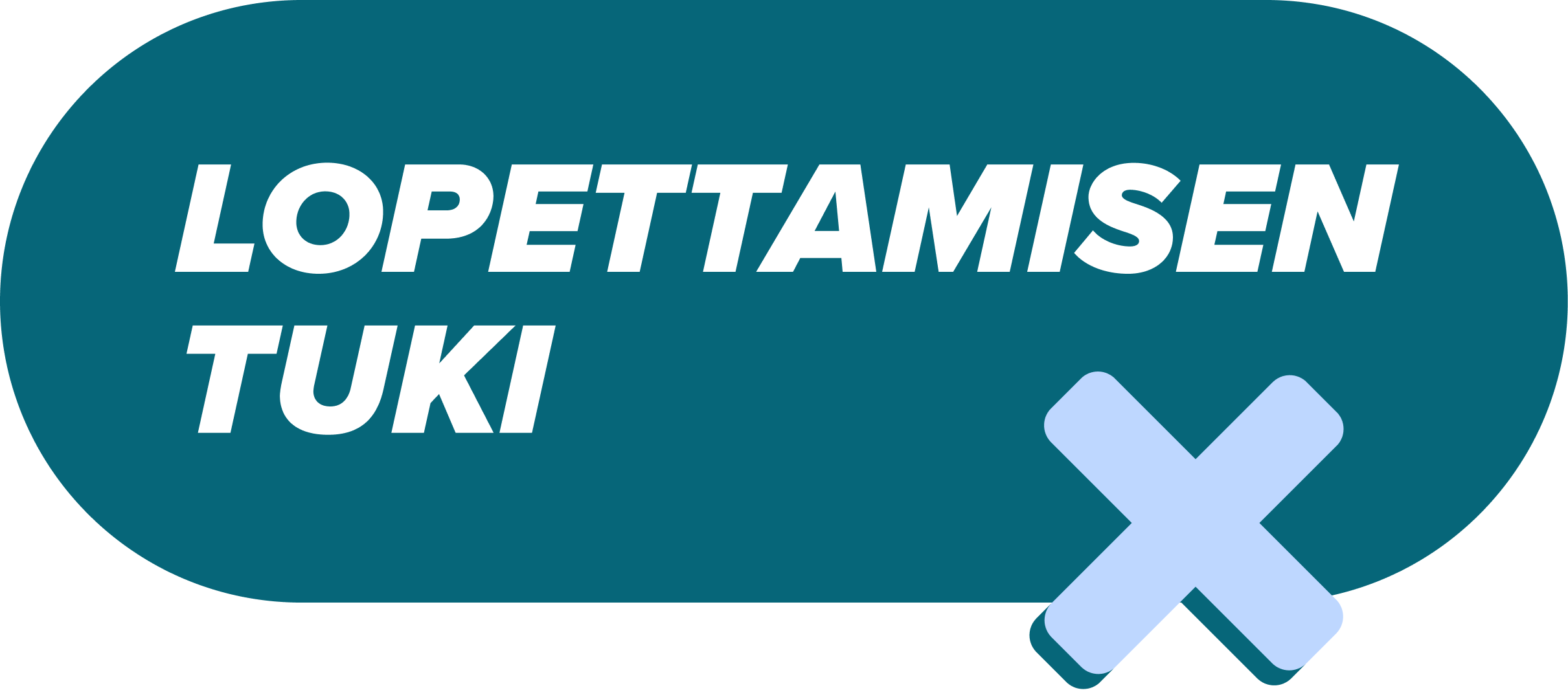 Turkoosi pyöreän muotoinen kuvaelementti, jonka sisällä lukee valkoisella lopettamisen tuki.