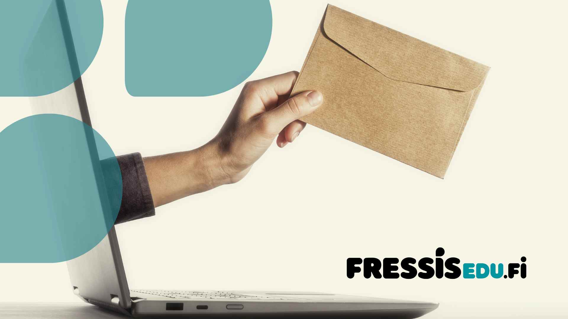 Kannettava tietokone, josta työntyy ulos ihmisen käsi ja kädessä ja ruskea kirjekuori. Yläreunassa vaaleanturkooseja pisaran muotoisia kuvaelementtejä.